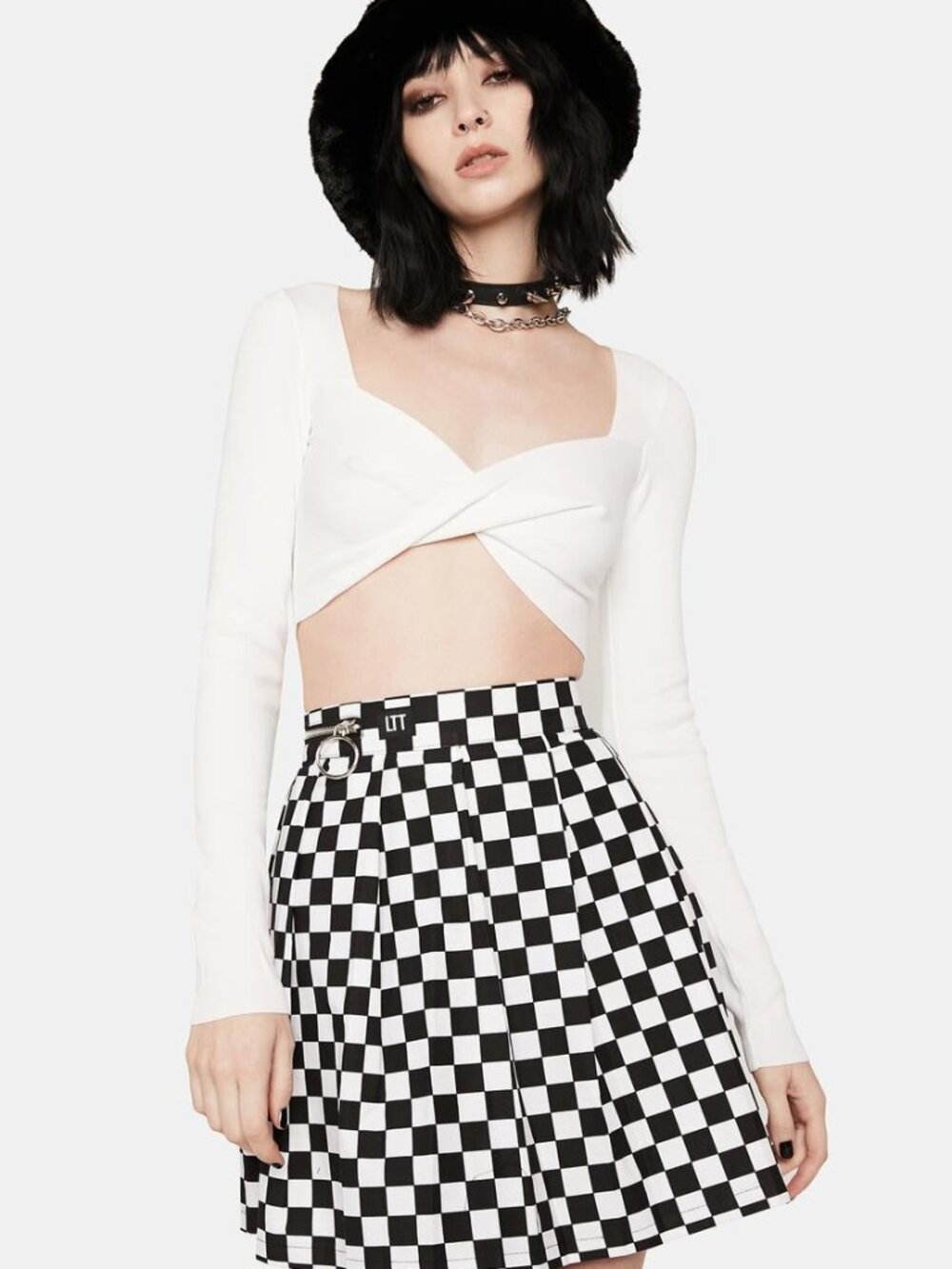 Dolls Kill Black & White Checkerboard Circle Skater Skirt